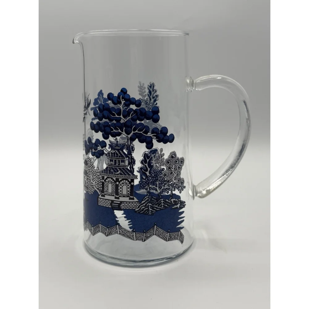 Vintage Glass Blue Willow Martini Pitcher w/ Applied Glass Handle
